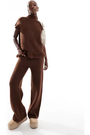 In The Style Knitted wide leg trousers co-ord in chocolate