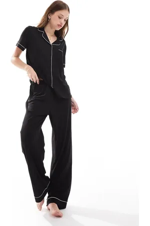 Loungeable Soft Rib Jersey button short sleeve with trouser pyjamas in