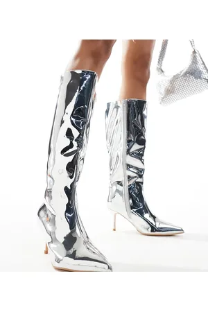 Public Desire Public Desire Amped Wide Fit kitten heel straight leg pointed knee boots in mirror