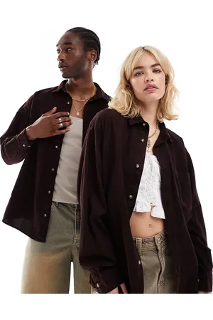 Reclaimed Unisex washed oversized denim shirt in burgundy