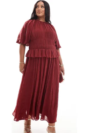 ASOS ASOS DESIGN Curve puff sleeve midi dress with gauged waist in burgundy