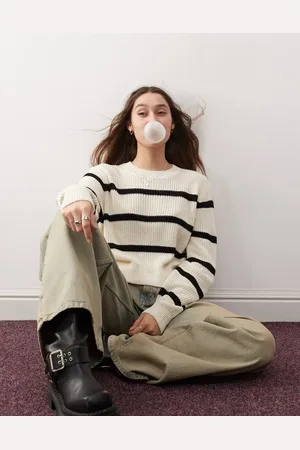 Noisy May Round neck jumper in cream & stripe
