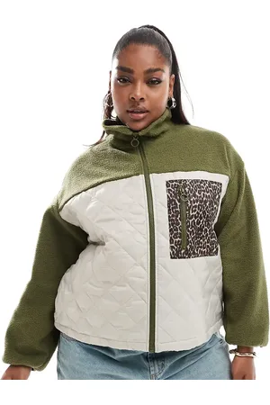 ONLY Teddy fleece jacket with leopard print pocket in khaki and cream