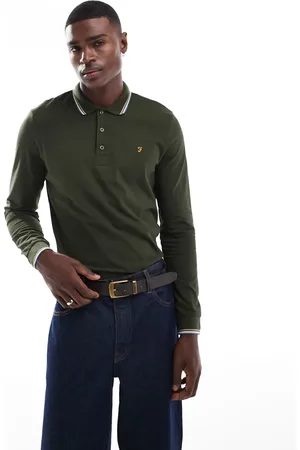 Farah Alvin tipped long sleeve polo in khaki