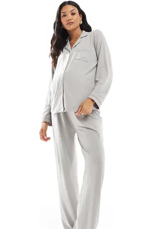 Loungeable Maternity super soft jersey revere top and wide leg pyjama set with piping detail in marl