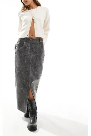 ASOS Leather look western midi skirt with contrast stitch in washed