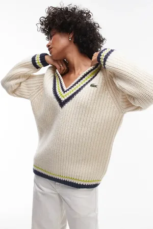 Lacoste V neck stripe jumper in cream