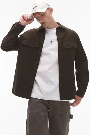 Topman Long sleeve cord overshirt in chocolate