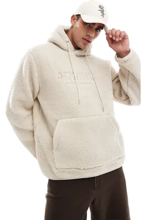 JACK & JONES Oversized teddy hoodie with embroidered logo in beige