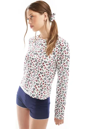 ASOS Mix & match long sleeve henley pyjama top in burgundy berry ditsy print with scrunchie