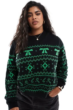 ASOS ASOS DESIGN Curve crew neck christmas jumper with fairisle pattern in black and green
