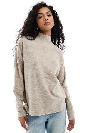 VERO MODA High neck oversized jersey top in beige melange