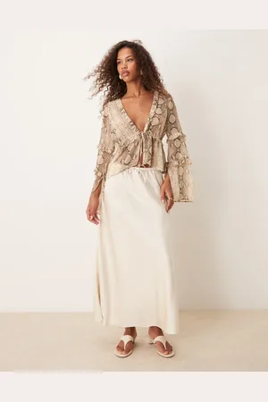 Abercrombie & Fitch Mid rise draw string waist satin bias skirt in champagne