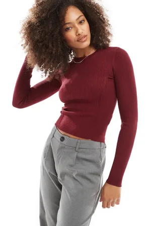 Pull&Bear Seam detail ribbed knit top in burgundy