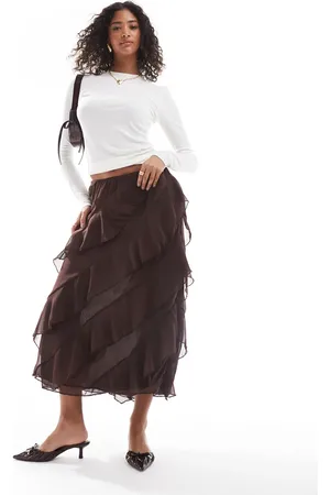 ASOS Chiffon ruffle midi skirt in chocolate