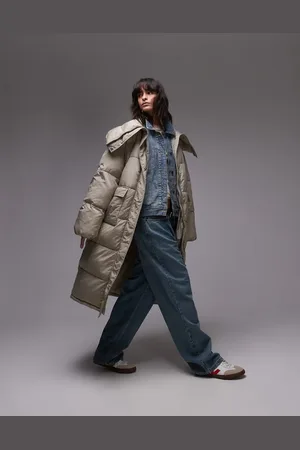 Topshop Longline funnel neck puffer jacket in stone