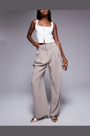River Island Pleated wide leg trouser in dark beige