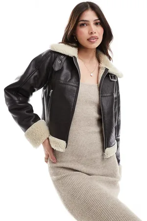 Pull&Bear Faux shearling trim aviator jacket in chocolate