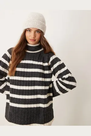 JDY Roll neck flute sleeve knitted jumper in dark stripe