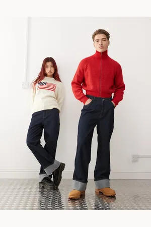 Reclaimed Unisex baggy jeans with turn up hem in raw indigo denim
