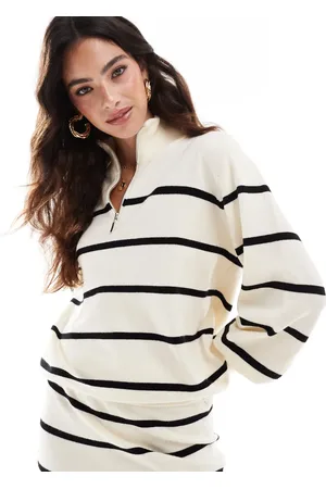 Y.A.S Zip neck knitted pullover co-ord in cream and black stripes