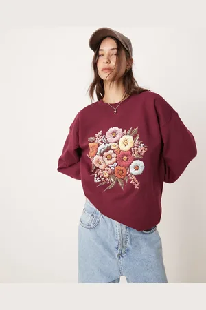 Miss Selfridge Floral print oversized sweatshirt in burgundy