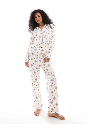 Loungeable Christmas reindeer print jersey pyjama set in cream