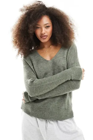 JDY V neck knit jumper in light khaki