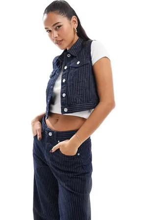 Pull&Bear Striped denim waistcoat co-ord in dark rinse