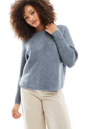 ONLY Ribbed wide neck knitted jumper in light