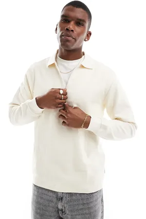 Only & Sons Long sleeve 1/4 zip polo top in cream