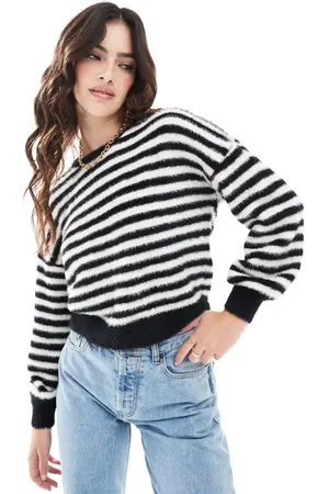 ONLY Fluffy detail stripe jumper in & white
