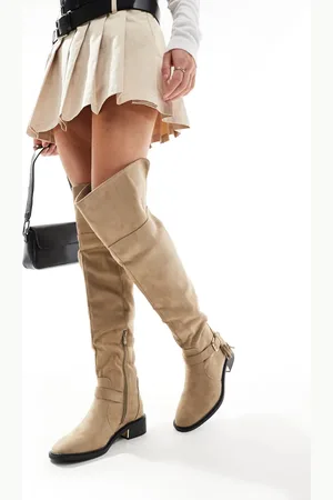 SEQWL Over the knee flat boots with tassle in taupe
