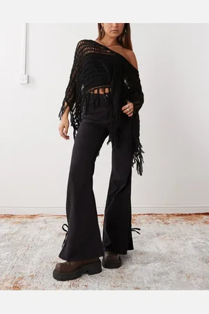 Monki Wide leg trousers with tie bow detail in washed