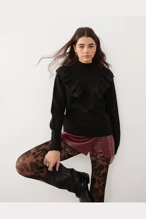 Miss Selfridge Long sleeve knitted jumper with broderie trim in