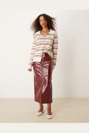 ASOS Zip front high shine leather look midi skirt in burgundy