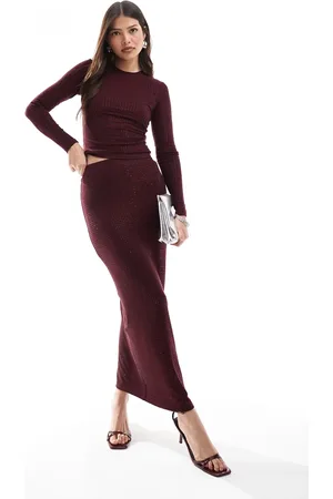 4th & Reckless All over hotfix maxi skirt co-ord in burgundy