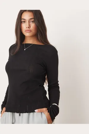 JDY Lettuce edge long sleeve boatneck top in