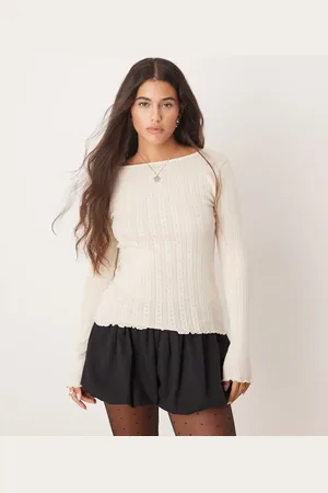 JDY Lettuce edge long sleeve boatneck top in