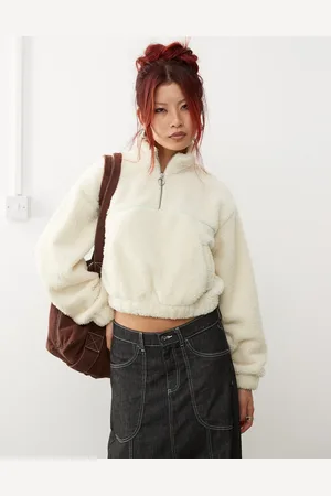 Monki Borg half zip up fleece sweatshirt in off with constrast mint piping