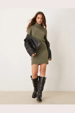 JDY Roll neck knitted dress in khaki melange