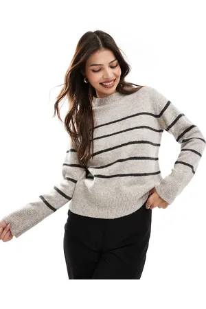 VERO MODA Oversized knitted jumper in stone and grey stripe