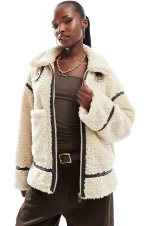 In The Style Oversized pocket faux shearling borg coat in cream