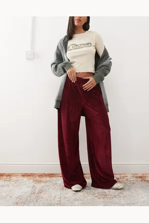 Reclaimed Velour cord rib wide leg trouser in burgundy