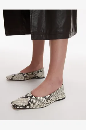 Topshop Casey premium leather square toe ballet flats with ruched detail in snake print