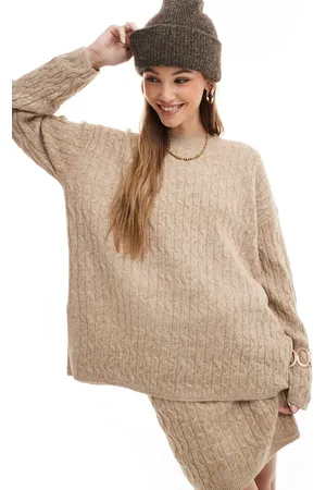 VERO MODA Slouchy cable knit jumper co-ord in camel