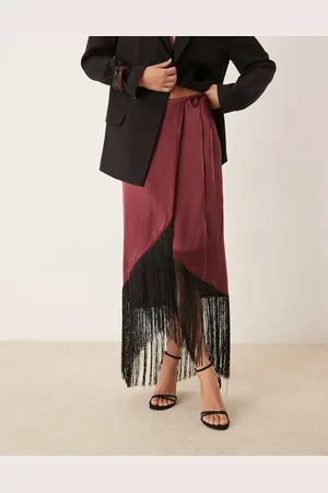 ASOS Satin wrap skirt with fringe hem in burgundy