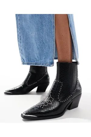Stradivarius Faux croc heeled ankle boot in