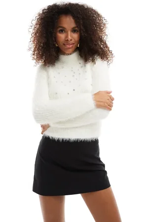 Miss Selfridge Embellished lash funnel neck long sleeve jumper in cream