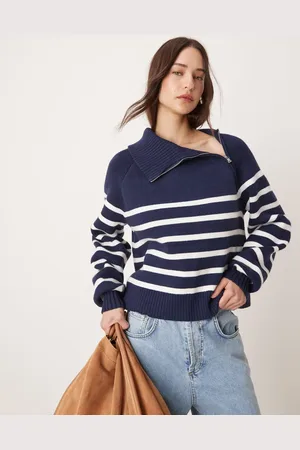Pimkie Asymmetric zip collar oversized jumper in and white stripe